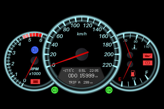 Speedometer. Sport car black dashboard. Car computer