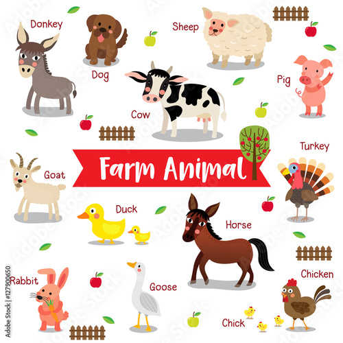 Farm Animal Cartoon On White Background With Animal Name Goat Chicken Chick Goose Donkey Sheep Horse Duck Rabbit Pig Dog Cow Turkey Vector Illustration Wall Mural Natchapohn