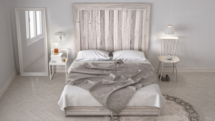 DIY bedroom, bed with wooden headboard, scandinavian white eco c
