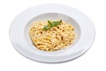 Plate of a italian pasta with grated parmesan cheese and basil l