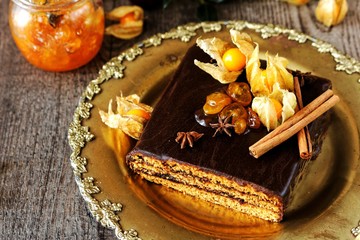 Traditional polish gingerbread layer cake with plum jam
