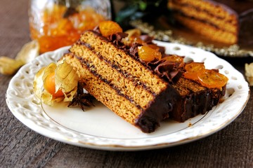 Traditional polish gingerbread layer cake with plum jam
