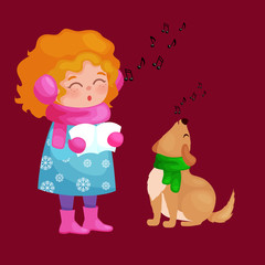girl and dog singing christmas songs and jingle bells music on winter holiday fun vector illustration