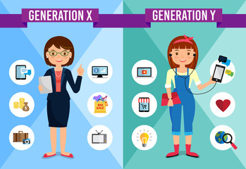 Generations Comparison infographic, Generation X, Generation Y, cartoon character