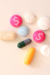 Health care cost concept with multicolored medical drugs with us dollar symbol