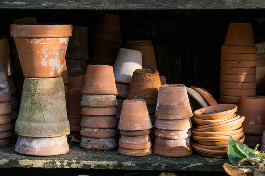 rustic vintage stacks of terracotta flower pots