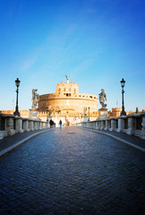 view of castle saint Angelo and bridge, Rome, Italy, retro toned