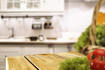 Kitchen interior and wooden desk 