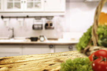 Kitchen interior and wooden desk 