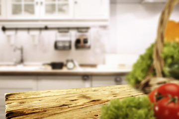 Kitchen interior and wooden desk 