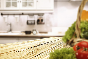 Kitchen interior and wooden desk 