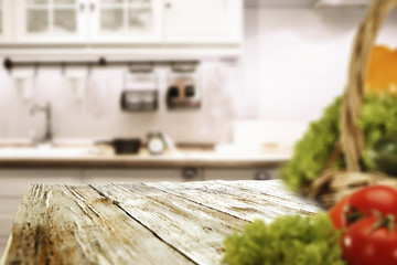Kitchen interior and wooden desk 