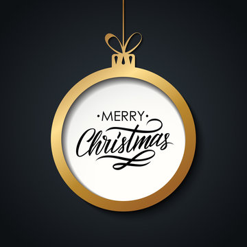 Merry Christmas greeting card with handwritten text design, golden christmas ball and black background. Hand drawn lettering. Vector illustration.