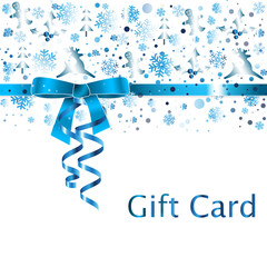 Gift Card with ribbon bow and streamers, winter elements in blue