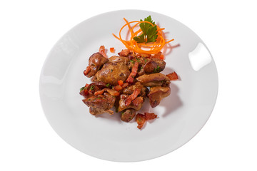 Stewed chicken livers with pork bacon and carrots on white plate, isolated on white background