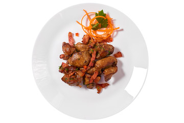 Stewed chicken livers with pork bacon and carrots on white plate, isolated on white background, view from top
