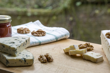 Several tasty pieces of brie and roquefort cheese with nuts and jam