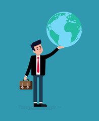 Isolated flat vector illustration of businessman and globe / earth in hand. Business concept illustration