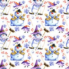 snowmen, a set of characters, New Year, Christmas, watercolor drawing