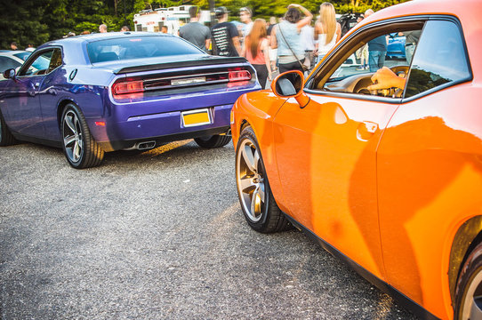 Fototapeta Orange and blue American cars stand on the street