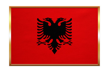 Flag of Albania , golden frame, fabric texture