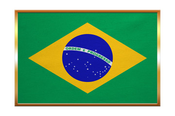 Obraz premium Flag of Brazil , golden frame, fabric texture
