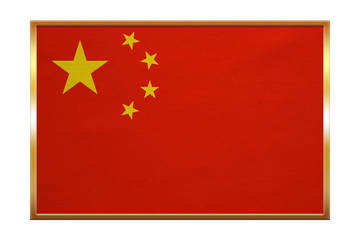 Flag of China , golden frame, fabric texture