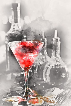 Digital watercolor painting of an alcoholic cocktail