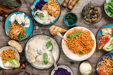 Traditional Italian food table and snacks, top view