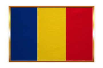 Flag of Romania , golden frame, fabric texture