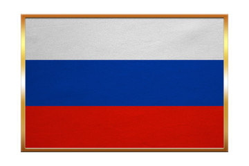 Flag of Russia , golden frame, fabric texture