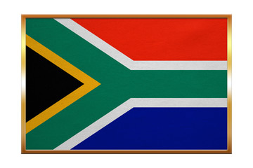 Flag of South Africa, golden frame, fabric texture