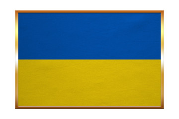 Flag of Ukraine , golden frame, fabric texture