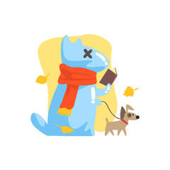 Blue Jelly Zombie Dog Monster Walking A Small Pet And Reading Book Under Falling Yellow Leaves Outdoors In Autumn Season