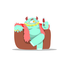 Blue Monster In Furry Vest Wearing Jewelry And Drinking Wine Partying Hard As A Guest At Glamorous Posh Party Vector Illustration
