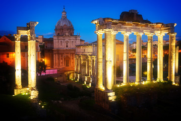 Roman Forum - ancient ruins in Rome at night, Italy, toned