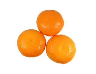 Three ripe vivid color oranges isolated on white background, Close-up