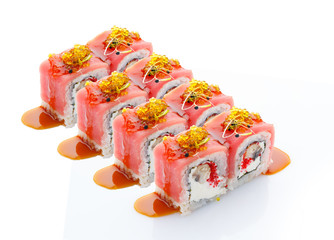 Tuna roll with cheese and red tobiko isolated on white background