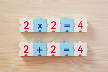 Educational blocks with math problems on the table