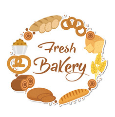 Bakery products frame, flat style. Set of different bread in a round frame template for text, label, emblem. With inscription fresh bread. Vector illustration