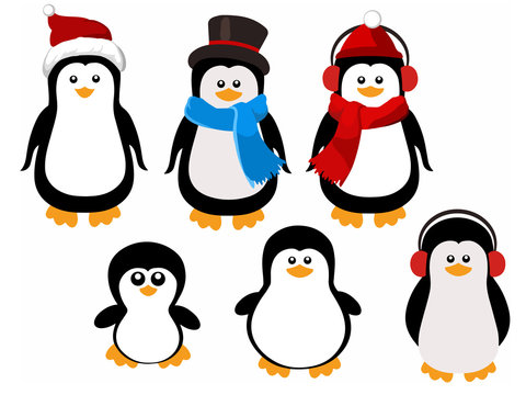 Cute cartoon penguin family. Christmas character set 