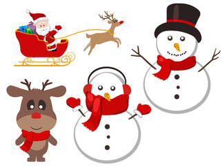 Christmas character vector set. Cute Santa, snowmen and reindeer cartoon holiday set 