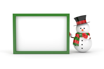 3d rendering of snowman holding a blank board over white