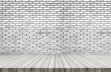 White wood floor, with white brick wall texture background