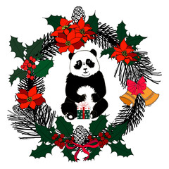 Illustration of the Christmas wreath from spruce or fir twigs, holly, flowers and jingle bells with a Panda. Multicolor elements on a white background. The wreath and a Panda are isolated elements.