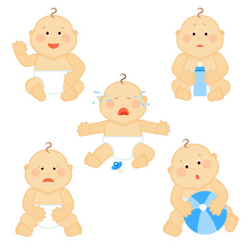 Crying vector baby toddler with milk bottle isolated on white background