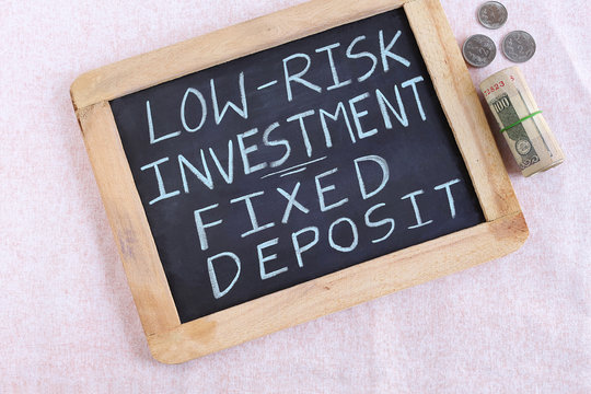 Fixed Deposit Indicated As A Low-risk Investment Concept Through Text Wrote On A Chalkboard.