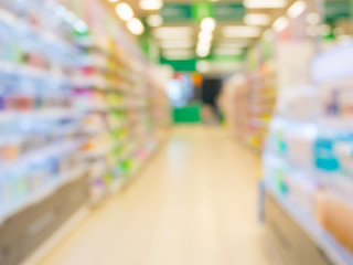Blurred colorful supermarket products on shelves