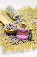 Lavender essential oil in a small bottle. 