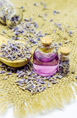 Lavender essential oil in a small bottle. 
